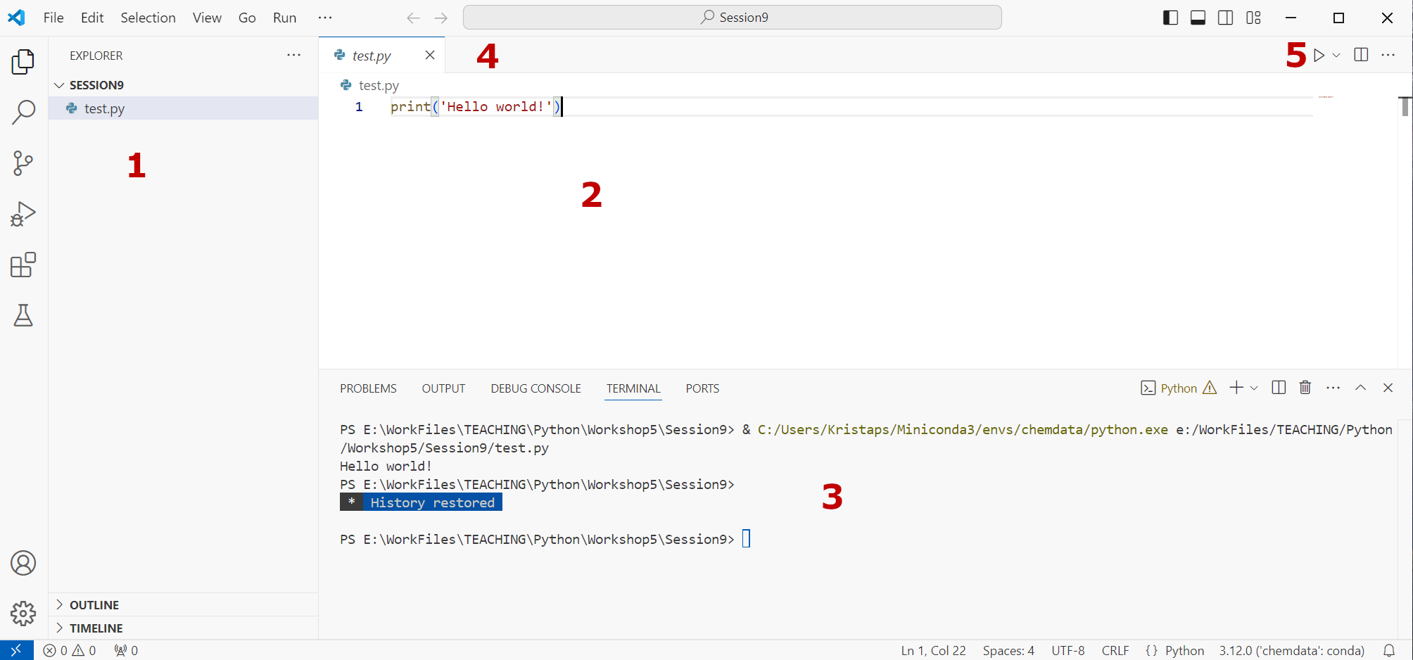 Screenshot of VS Code with a "Hello World" python script open.