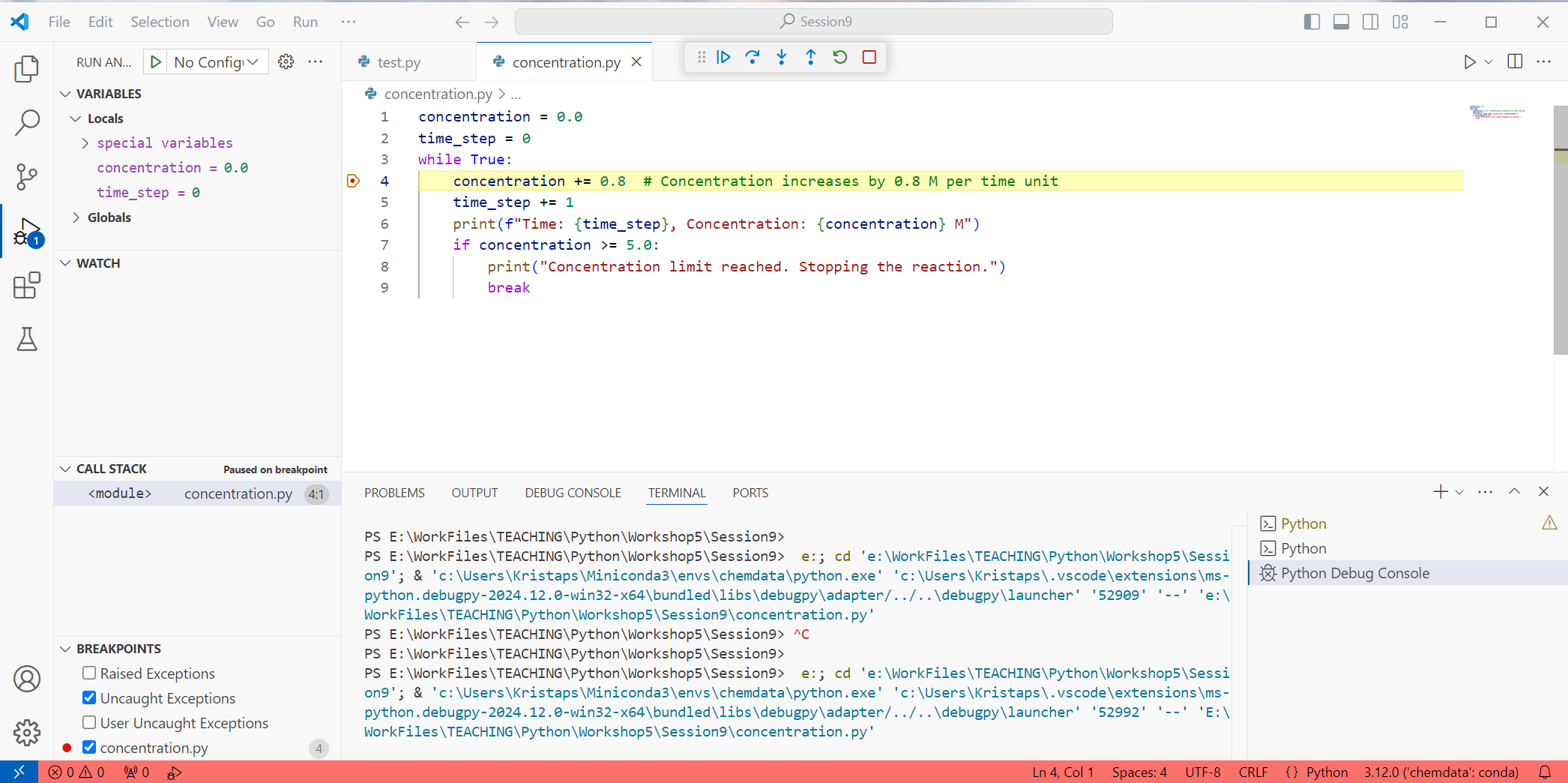 VS Code showing the debugger pausing on the line mentioned in the task.
